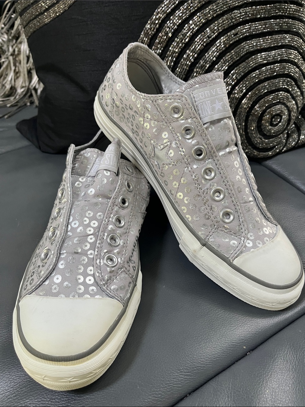 Converse Womenβs Slip-On Sequin Low Top Sneakers - Light Gray